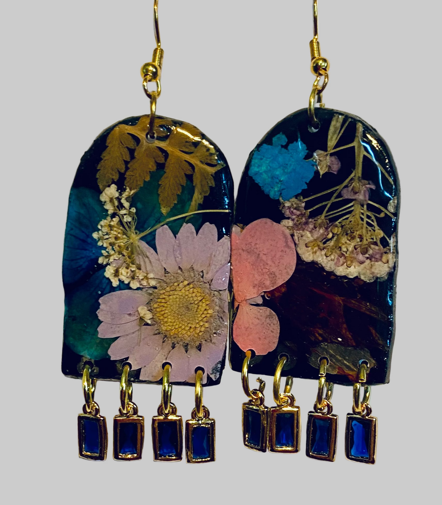 Floral Flower Organic Arch Black Polymer Clay with Blue Gem Brass Fringe