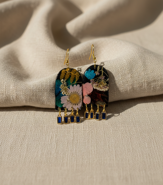 Floral Flower Organic Arch Black Polymer Clay with Blue Gem Brass Fringe