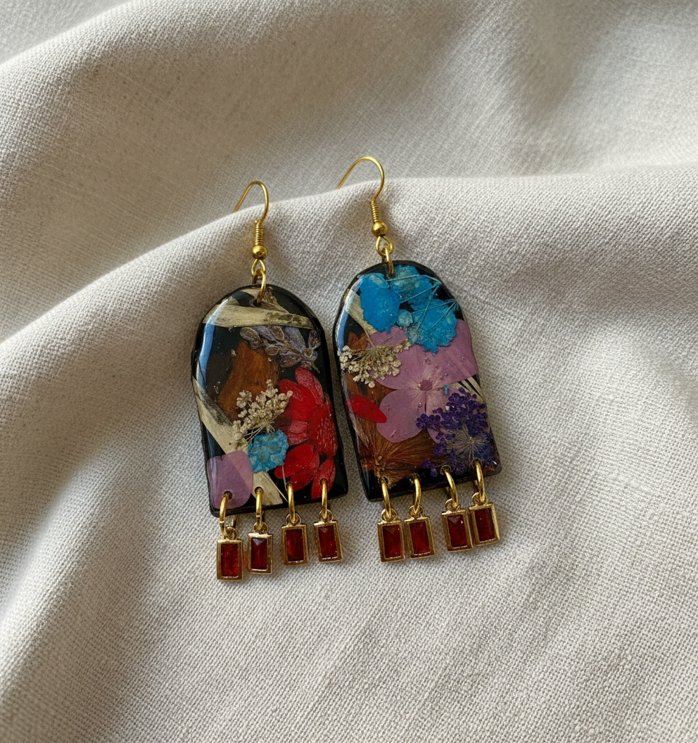 Floral Flower Organic Arch Black Polymer Clay with Brass Orange Gem Fringe