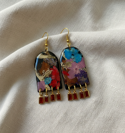 Floral Flower Organic Arch Black Polymer Clay with Brass Orange Gem Fringe