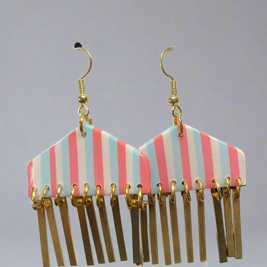 Cabana Blue/Pink/White Stripe  Fringe Dangel Earring