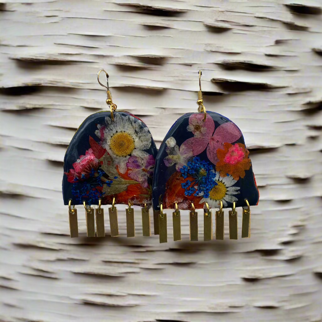 Floral #005F24 Large White Navy-Blue Pink White Multi Fringe Organic Arch Shape Earrings