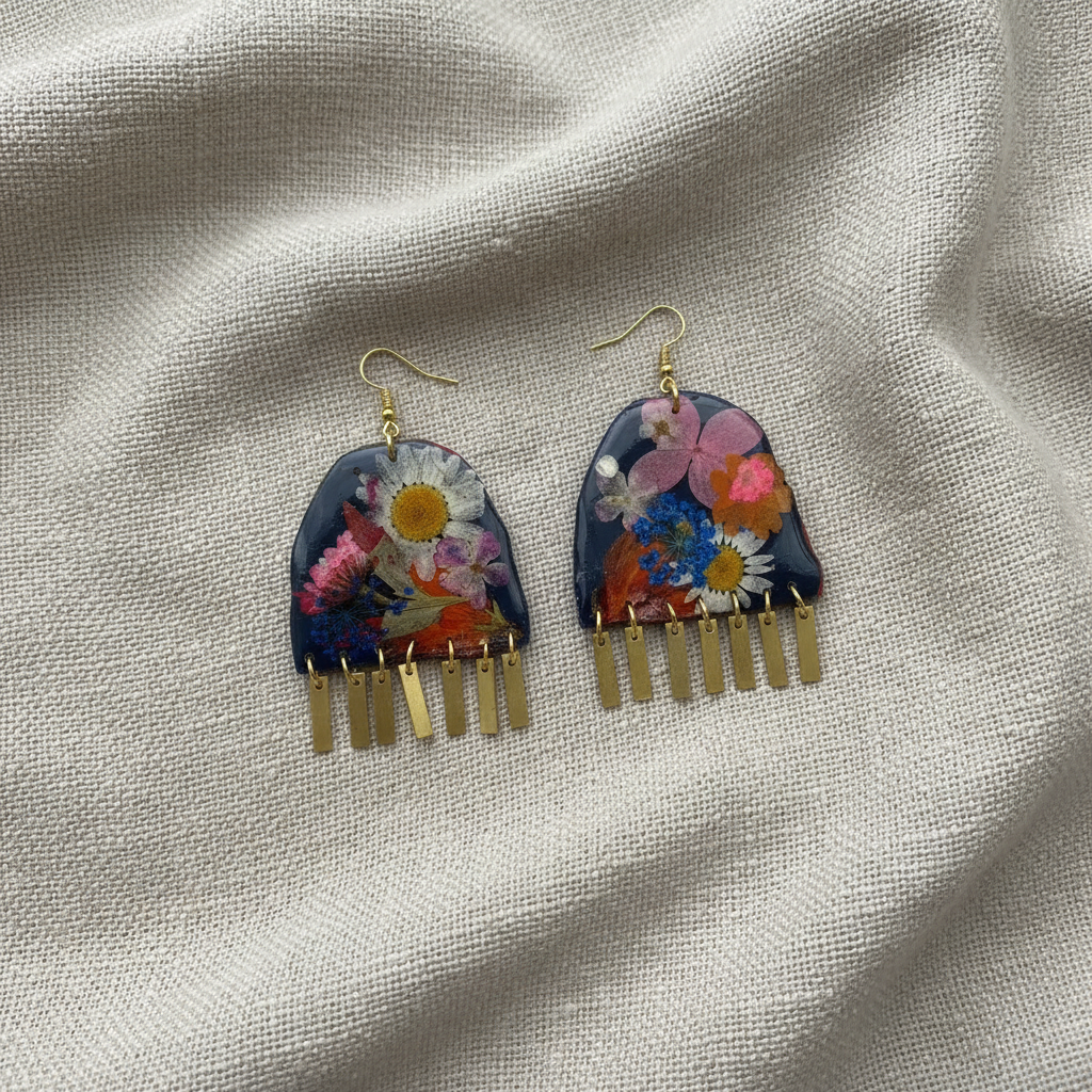 Floral #005F24 Large White Navy-Blue Pink White Multi Fringe Organic Arch Shape Earrings