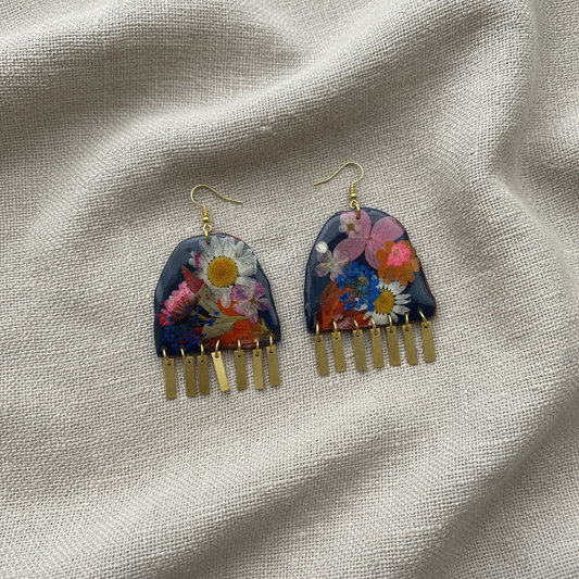Floral #005F24 Large White Navy-Blue Pink White Multi Fringe Organic Arch Shape Earrings