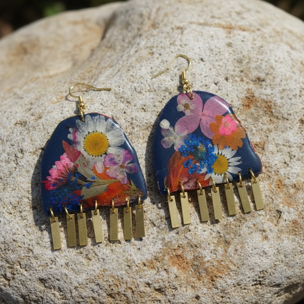 Floral #005F24 Large White Navy-Blue Pink White Multi Fringe Organic Arch Shape Earrings