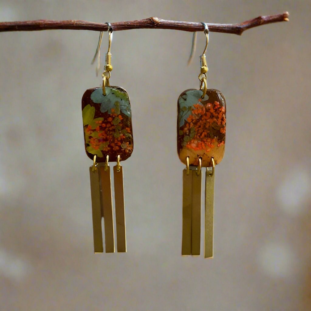 Floral #021F24 Brown Bark Multi Color Rectangular Dangle