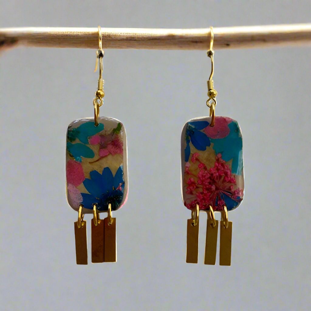 Floral #024F24 Stone Multi Color Rectangular Dangle