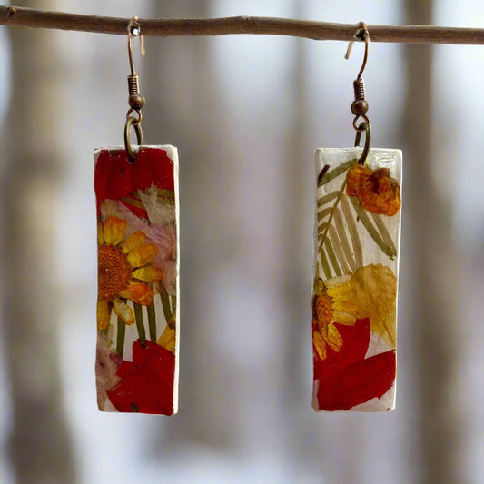 Floral #067F24 White Multi Red Yellow Organic Rectangle Dangle Earing