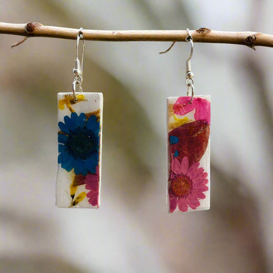 Floral #068F24 White Multi Red Blue Pink Organic Rectangle Dangle Earing