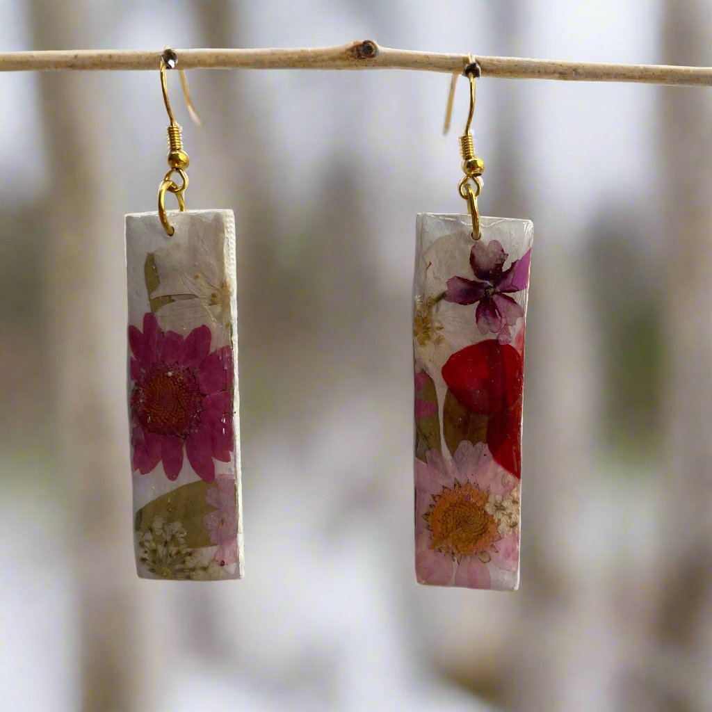 Floral #064F24 White Multi Reds Organic Rectangle Dangle Earing