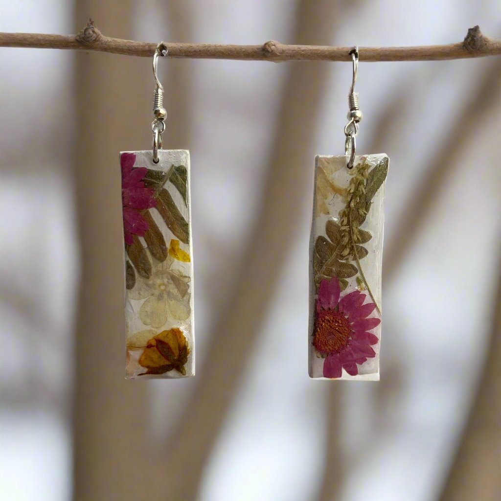 Floral #065F24 White Multi Pink Organic Rectangle Dangle Earing