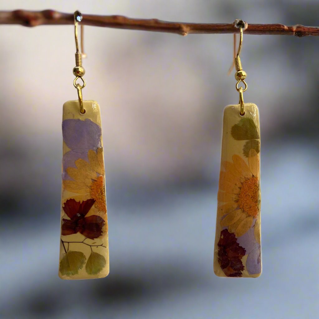 Floral #043F24 Yellow Multi Color Trapezoid Gold Dangle Earring