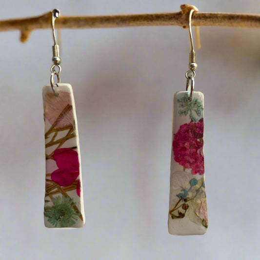 Floral #042F24 White Multi Color Trapezoid Silver Dangle Earring