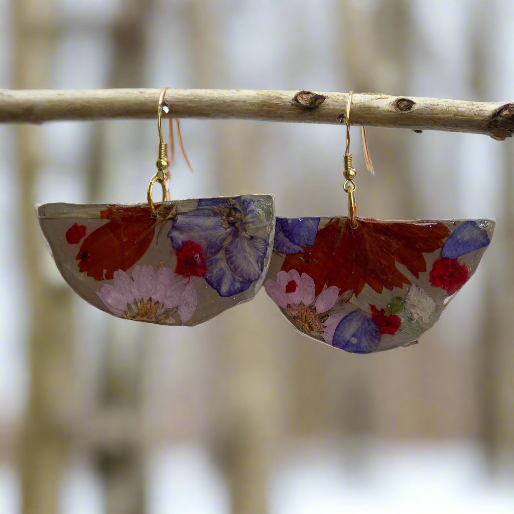 Floral #049F24 Halfmoon Shape Stone Gray Multi Dangle Earrings