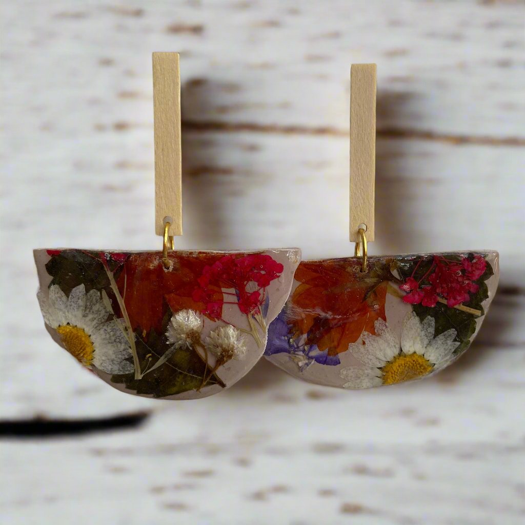 Floral #063F24 Organic Half Moon Stone Gray Multi Stud Dangle Earrings