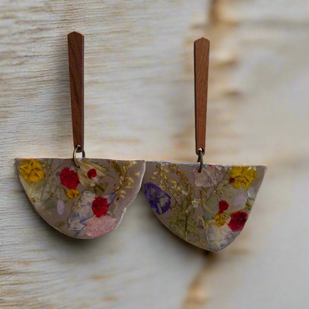 Floral #060F24 Organic Half Moon Stone Gray Multi Stud Dangle Earrings