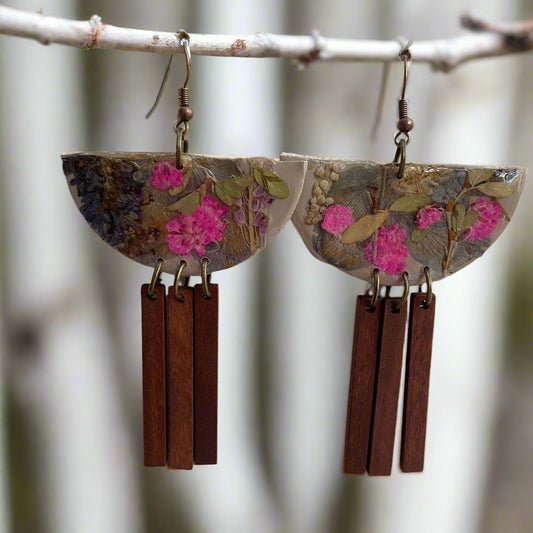 Floral #047F24 Large Stone Gray Pink Multi Fringe Half Moon Shape Earrings