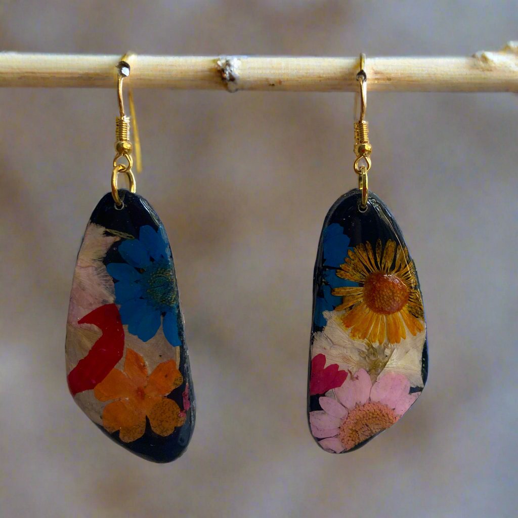 Floral #036F24 Navy Blue Multi Rounded Scalene Gold Dangle