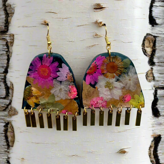 Floral #001F24 Large Forest Green Pink White Yellow Multi Fringe Organic Arch Shape Earrings