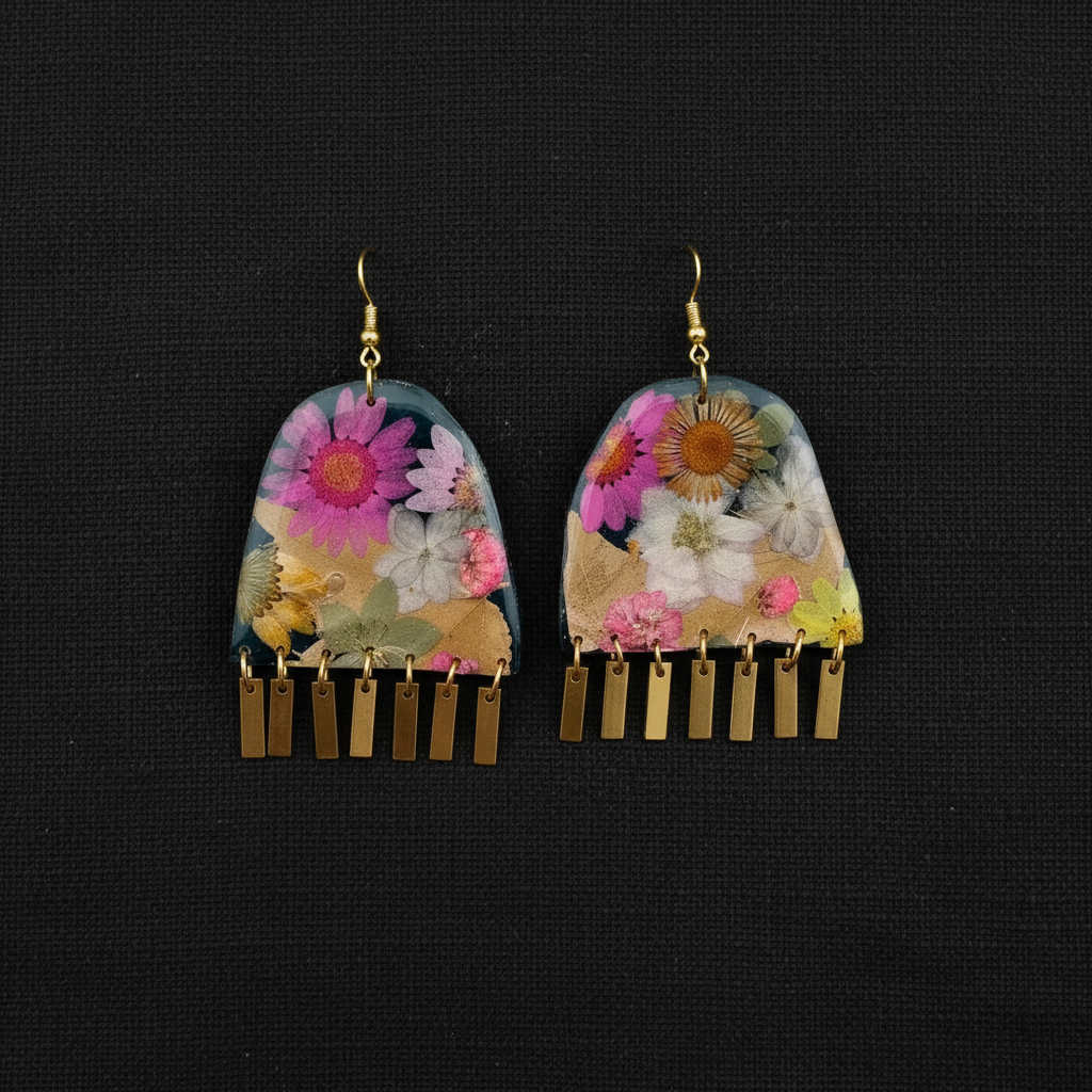 Floral #001F24 Large Forest Green Pink White Yellow Multi Fringe Organic Arch Shape Earrings