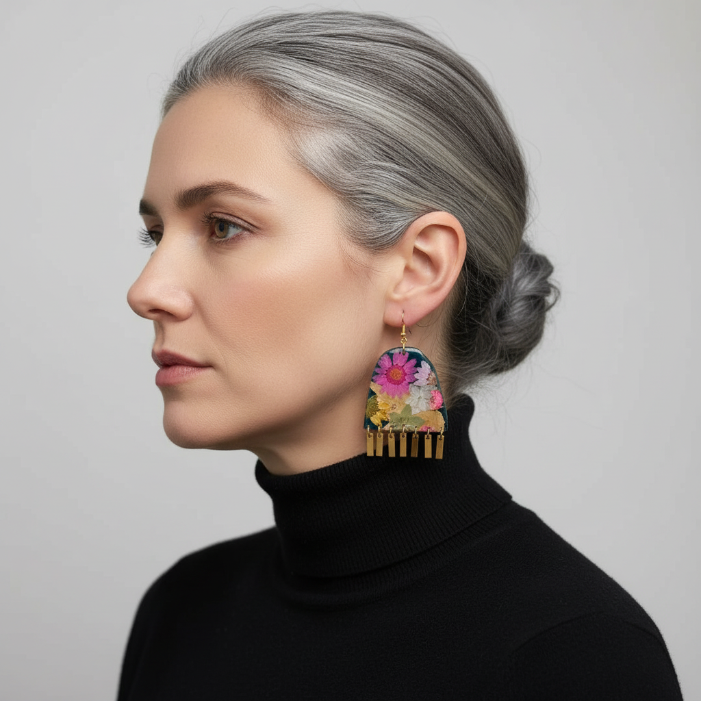 Floral #001F24 Large Forest Green Pink White Yellow Multi Fringe Organic Arch Shape Earrings