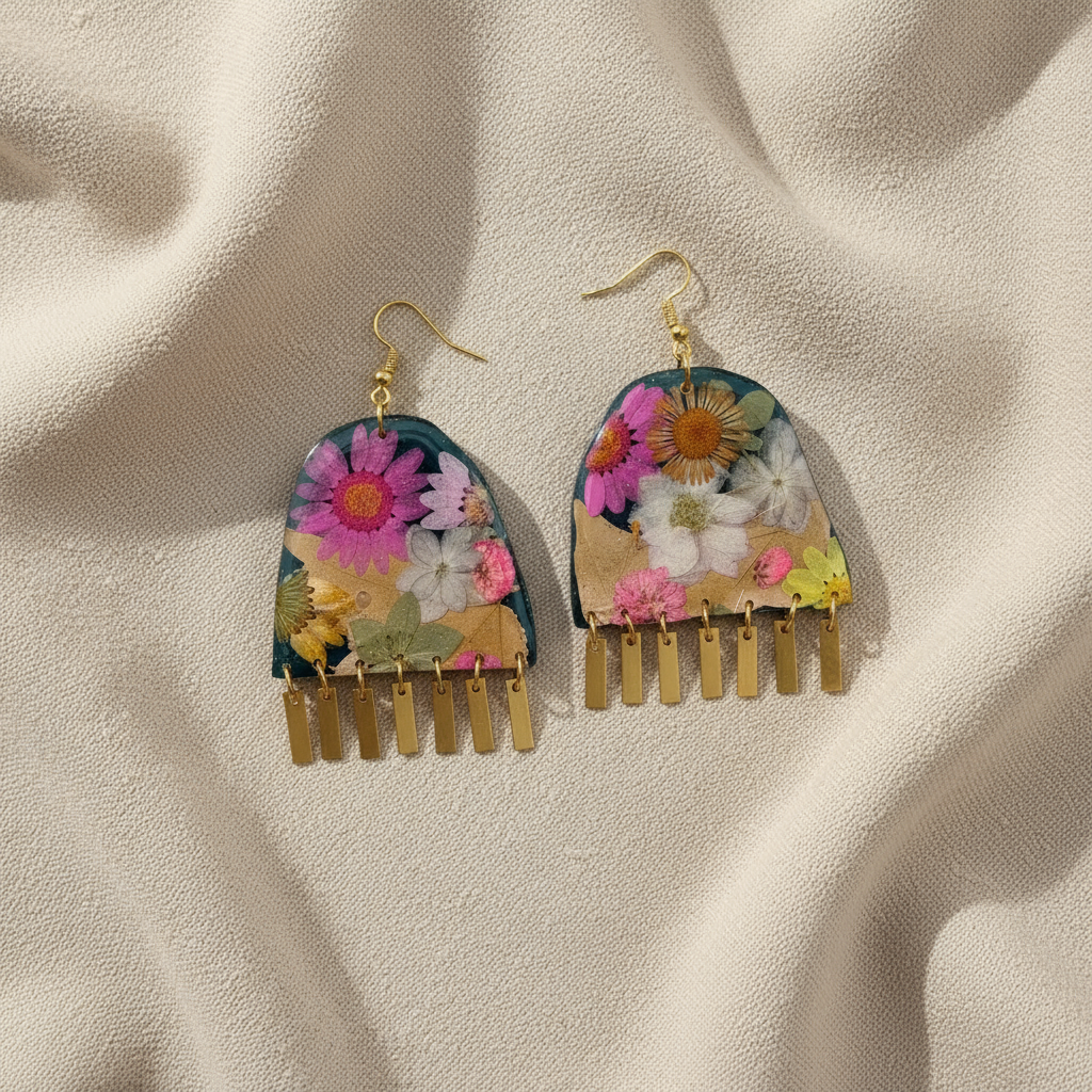Floral #001F24 Large Forest Green Pink White Yellow Multi Fringe Organic Arch Shape Earrings