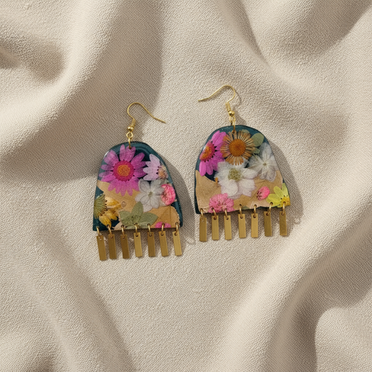 Floral #001F24 Large Forest Green Pink White Yellow Multi Fringe Organic Arch Shape Earrings