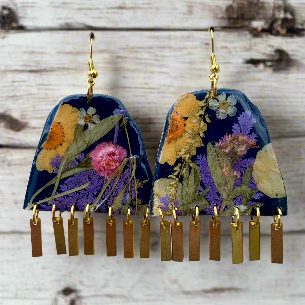 Floral #003F24 Large Navy-Blue Purple Pink White Yellow Multi Fringe Organic Arch Shape Earrings