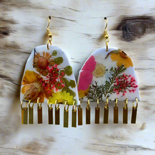 Floral #006F24 Large White Pink Yellow Orange Multi Fringe Organic Arch Shape Earrings