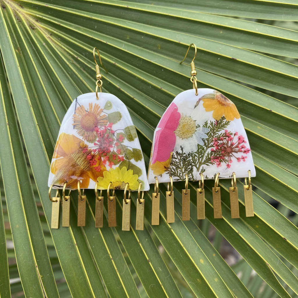 Floral #006F24 Large White Pink Yellow Orange Multi Fringe Organic Arch Shape Earrings