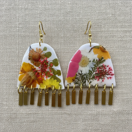 Floral #006F24 Large White Pink Yellow Orange Multi Fringe Organic Arch Shape Earrings