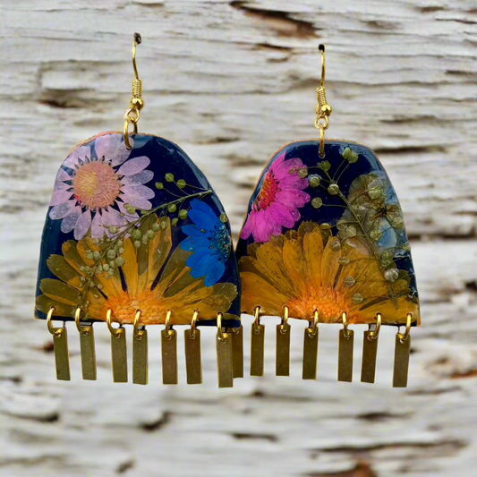 Floral #002F24 Large Navy-Blue Pink Orange Lavender Multi Fringe Organic Arch Shape Earrings