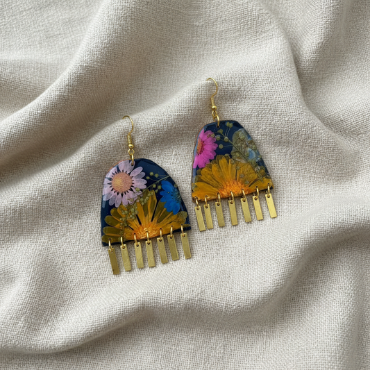 Floral #002F24 Large Navy-Blue Pink Orange Lavender Multi Fringe Organic Arch Shape Earrings