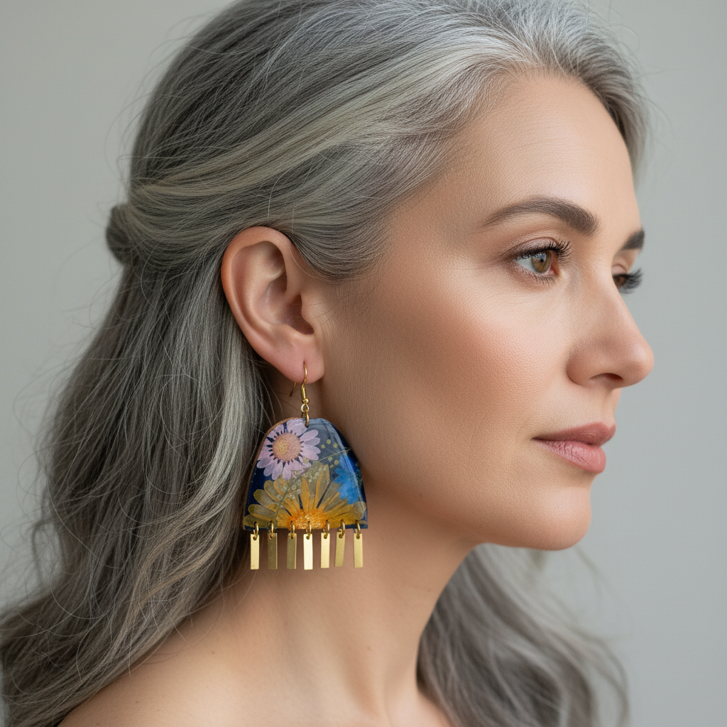 Floral #002F24 Large Navy-Blue Pink Orange Lavender Multi Fringe Organic Arch Shape Earrings