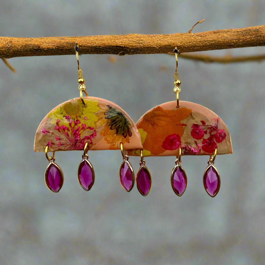 Floral #015F24 Orange Multi Color Pink Gem Half Moon Earrings