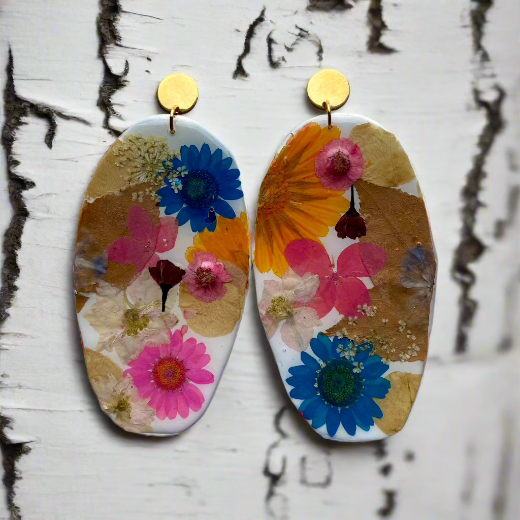 Floral #008F24 Larger than Life White Blue Lavender Pink Orange Multi Organic Oval Shape Earrings