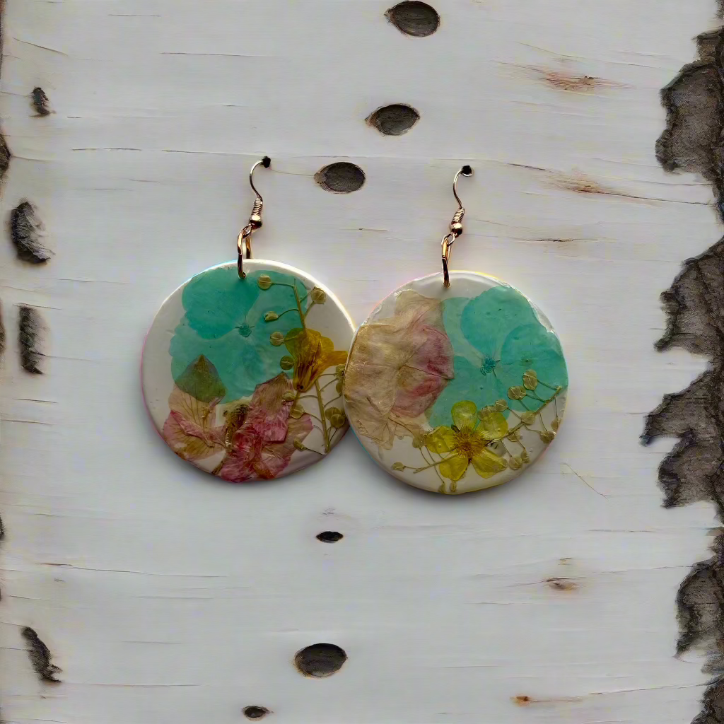 Simple Floral #010F24 Round White Turquoise Blue White Pink Yellow Multi Dangle Earrings