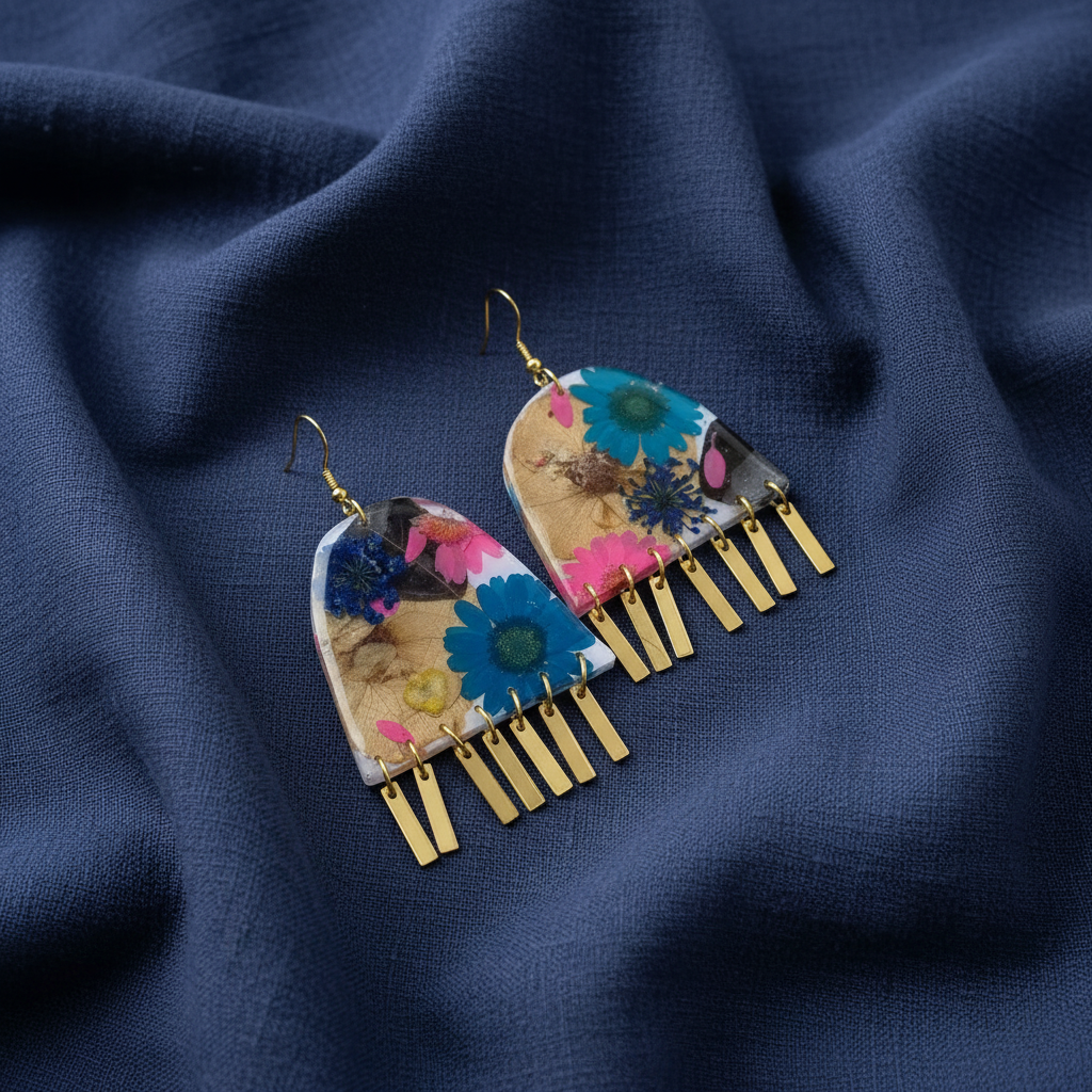 Floral #004F24 Large White Blue Pink Black Multi Fringe Organic Arch Shape Dangle Earrings