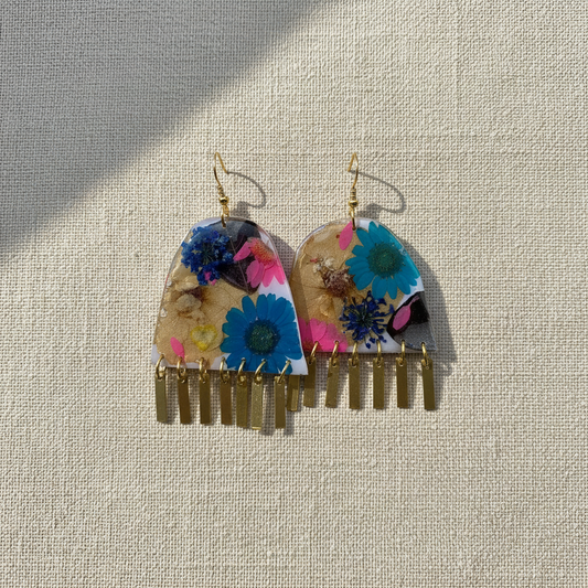 Floral #004F24 Large White Blue Pink Black Multi Fringe Organic Arch Shape Dangle Earrings