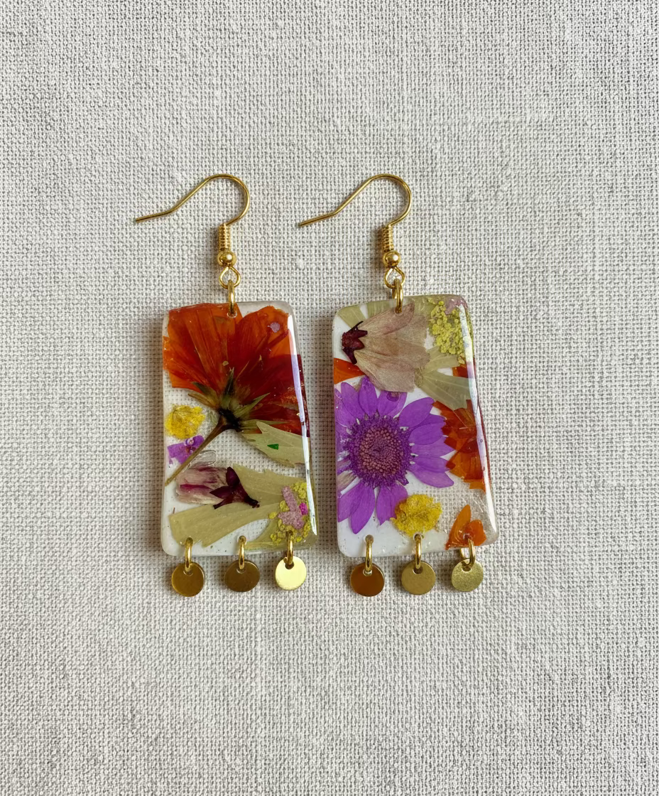 Floral Flower Organic Trapezoid White Polymer Clay with Brass Discs Fringe