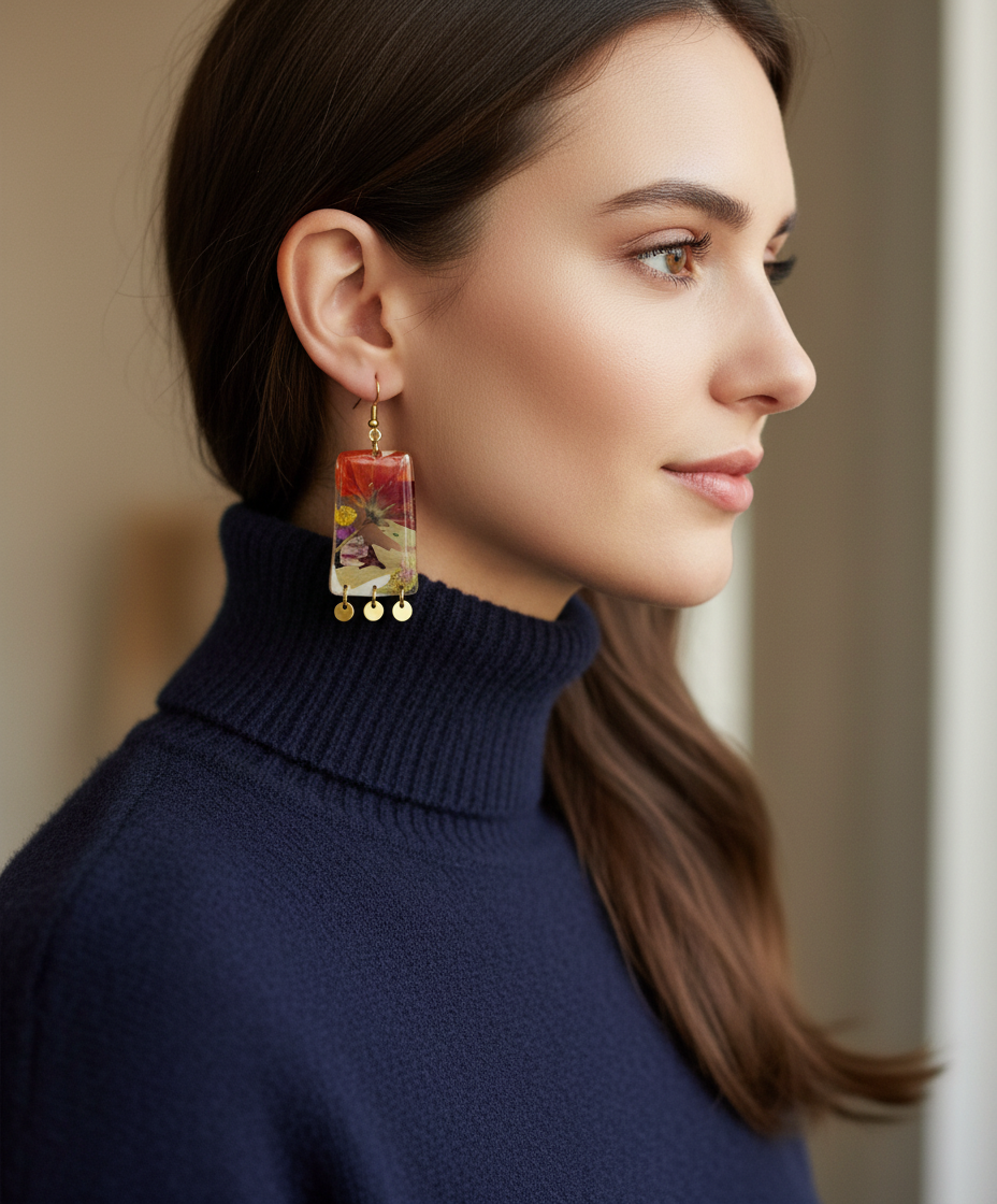 Floral Flower Organic Trapezoid White Polymer Clay with Brass Discs Fringe